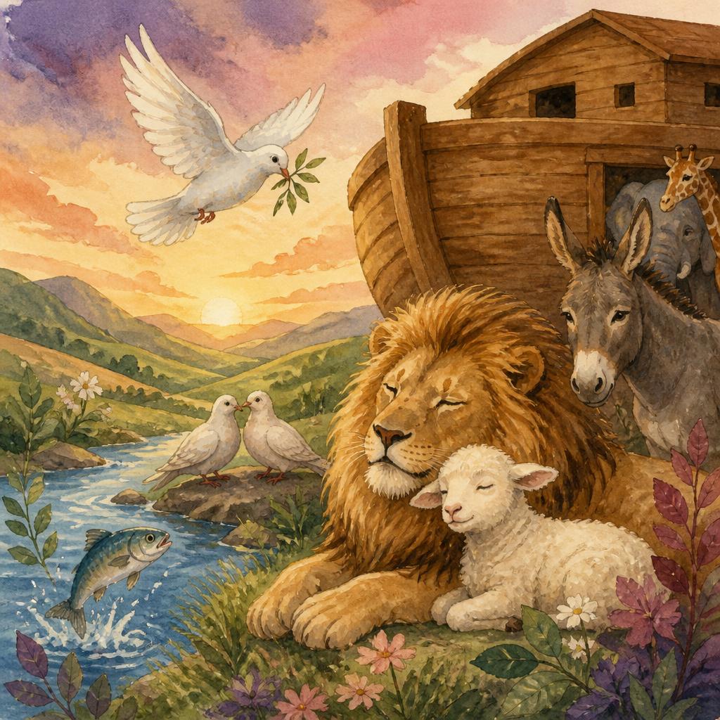God's Beloved Creatures: The Animals of the Bible — cover featuring The gentle Lamb, the mighty Lion, the peaceful Dove, the humble Donkey, the great Fish, the faithful Sheep, the wise Sparrow, the strong Ox, the Ravens of Elijah, and the animals of Noah's Ark.