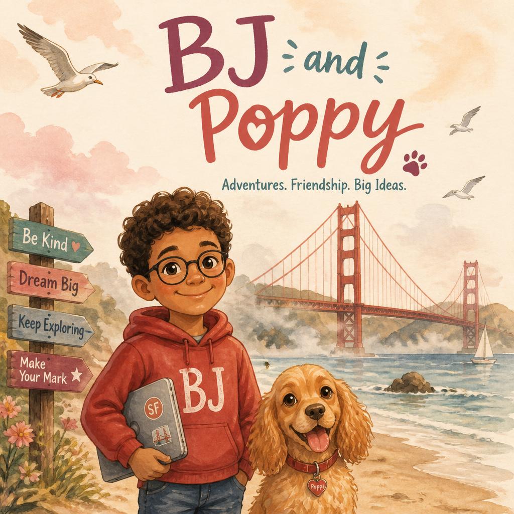 BJ & Poppy: From City Lights to Golden Gates — cover featuring BJ (a curious 9-year-old boy with curly brown hair, warm brown skin, round glasses, and a red hoodie) and Poppy (his golden cocker spaniel puppy with floppy ears and a red heart-tag collar).