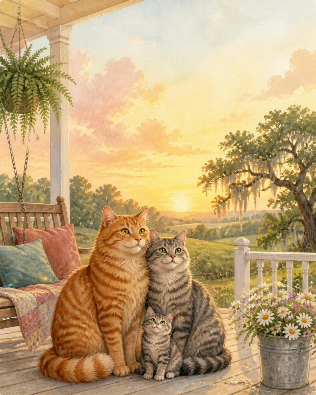 The Purrfect Carolina Adventure — cover featuring Peter (orange tomcat), Sezana (soft grey tabby mama), and Savanna (their tiny kitten).