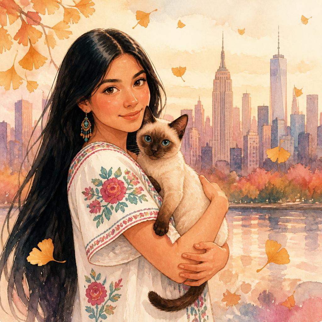 Delfina & La Tosa: A Manhattan Dream — cover featuring Delfina (a young Mexican woman from Merida, Yucatan, with long straight glossy black hair, warm tan skin, and traditional embroidered blouses) and La Tosa (her beloved cream-and-seal-brown Siamese kitten with bright blue eyes). Setting: Manhattan, New York City.