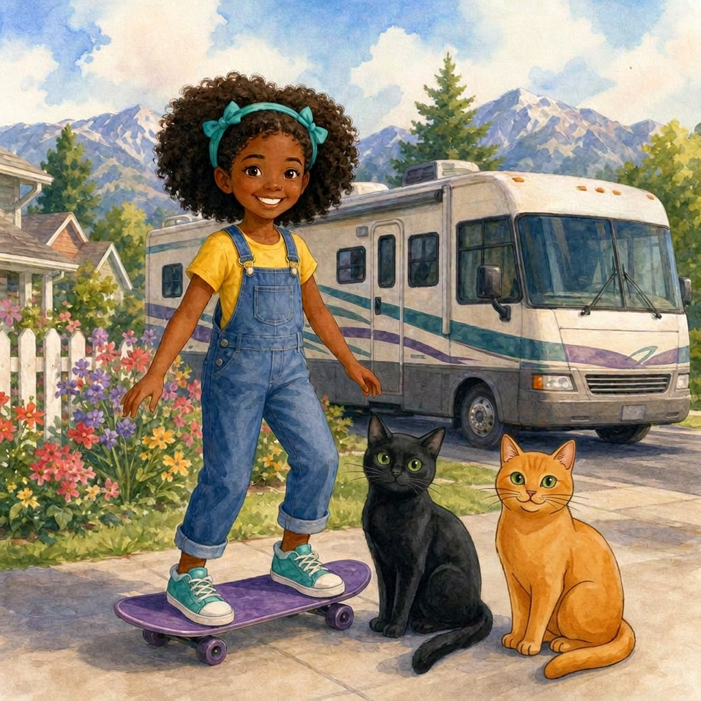 Victoria's Mountain Skies — cover featuring Victoria (a bright ten-year-old African American girl with two curly afro puffs and a purple skateboard), Theo (a sleek black cat with green eyes), and Whacky (a fluffy solid ginger cat with a very silly heart).