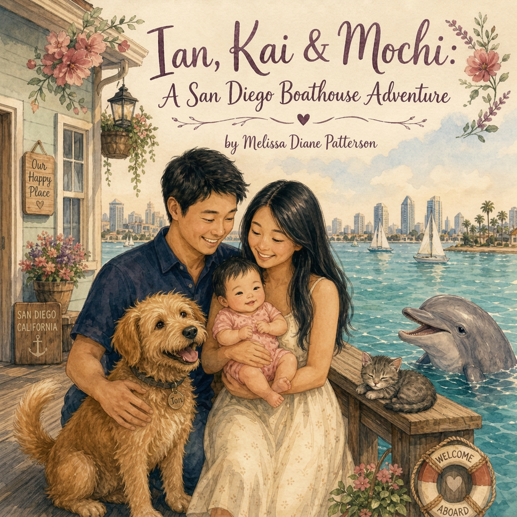 Ian, Kai & Mochi: A San Diego Boathouse Adventure — cover featuring Jordan (young Japanese father, short black hair, warm smile), Danielle (young Japanese mother, long straight black hair), and their baby daughter godessey (Japanese infant with tufts of black hair). Their family also includes Ian (a scruffy golden-brown rescue dog), Mochi (a tiny grey tabby kitten), and Kai (a friendly bottlenose dolphin who visits their dock). Setting: a charming wooden boathouse on San Diego Bay, California.