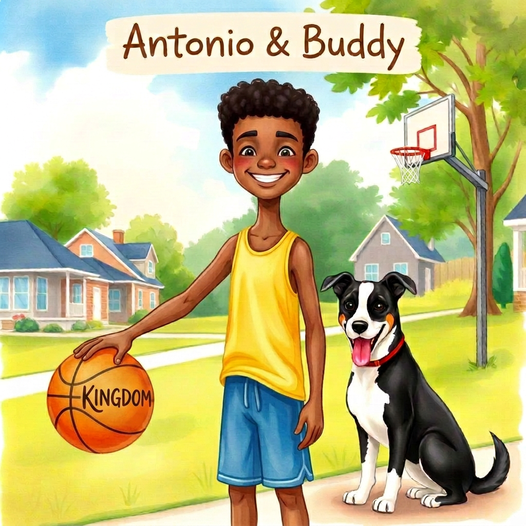 Antonio & Buddy: A Sunny Michigan Summer — cover featuring Antonio (a tall, slim, brown-skinned 10-year-old boy with short curly black hair, a bright yellow basketball tank top, and blue shorts, who carries his orange basketball everywhere) and Buddy (a friendly black-and-white border collie he meets at the park).