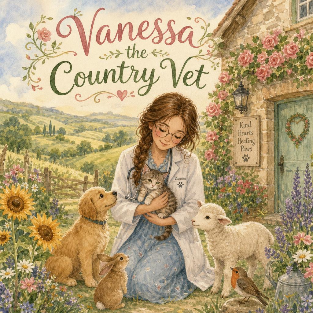 Vanessa the Country Vet — cover featuring Vanessa (a young veterinarian with round glasses, chestnut braid, blue dress, and white coat) and her countryside animal friends — a golden puppy, a grey tabby kitten, a brown bunny, a woolly lamb, and a red-breasted robin.